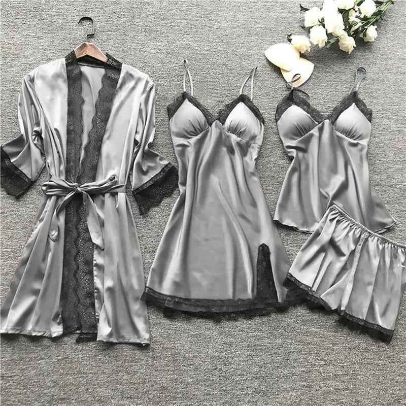 Sleepwear Set | Silk Satin & Lace Trim | 4-Piece Set