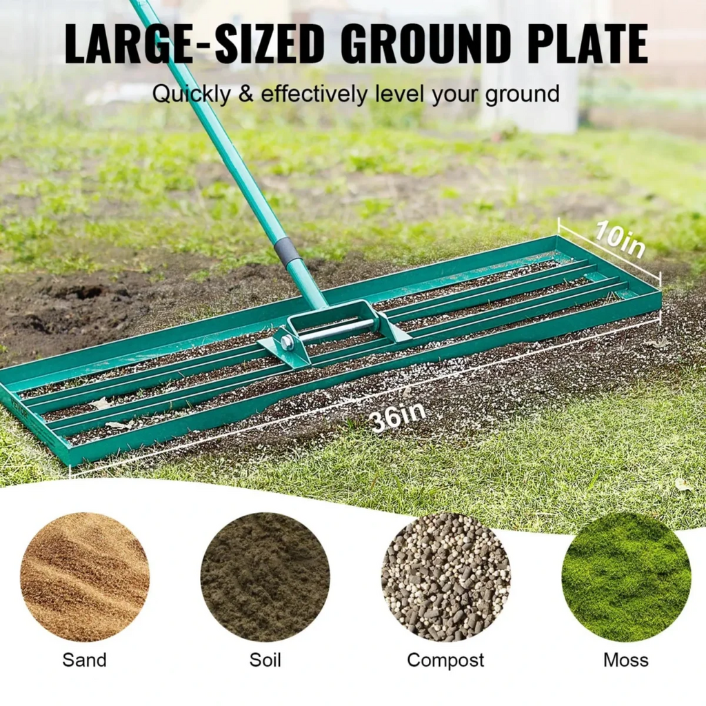 Lawn Leveling Rake | Wide Aluminum Base & Ergonomic Long Handle | 91 x 25 cm
