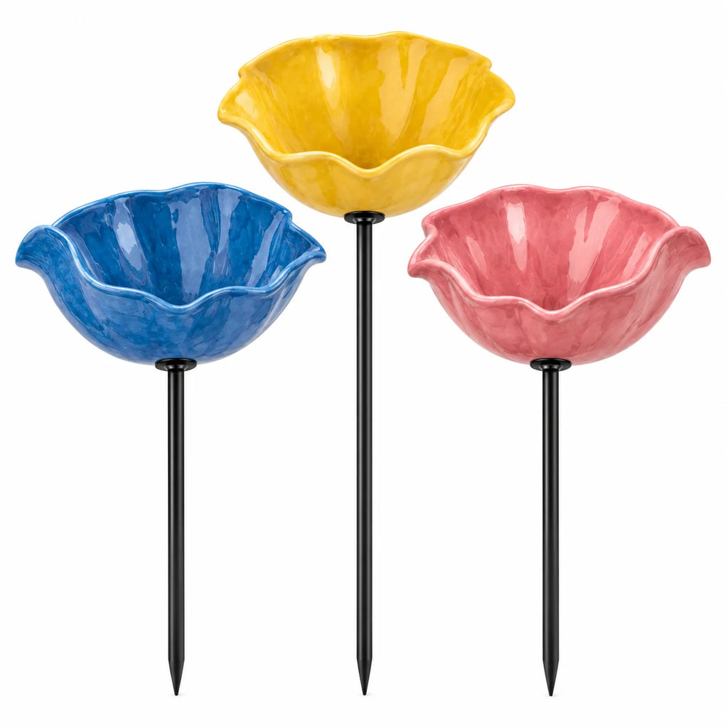 Bird Bath | Flower-Shaped Ceramic | Stable Metal Stake