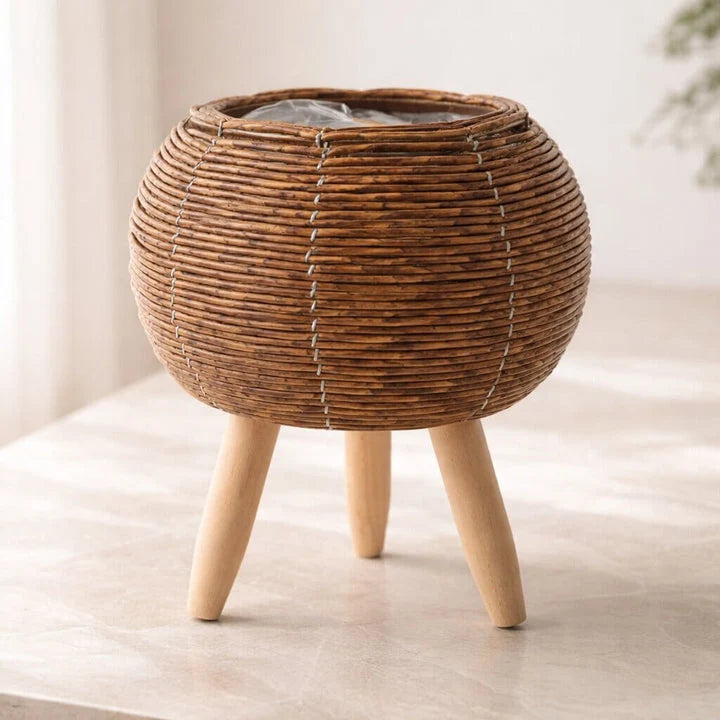 Plant Pot With Feet | Woven Basket & Wooden Feet | With Inner Insert