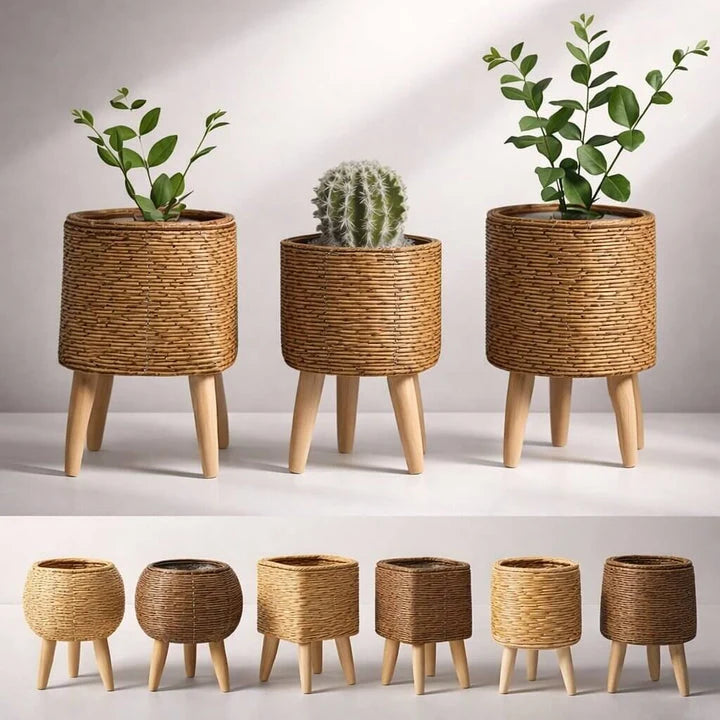 Plant Pot With Feet | Woven Basket & Wooden Feet | With Inner Insert