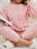 Women's Pajama Set | Soft Plush Heart & Check Pattern | 2-Piece
