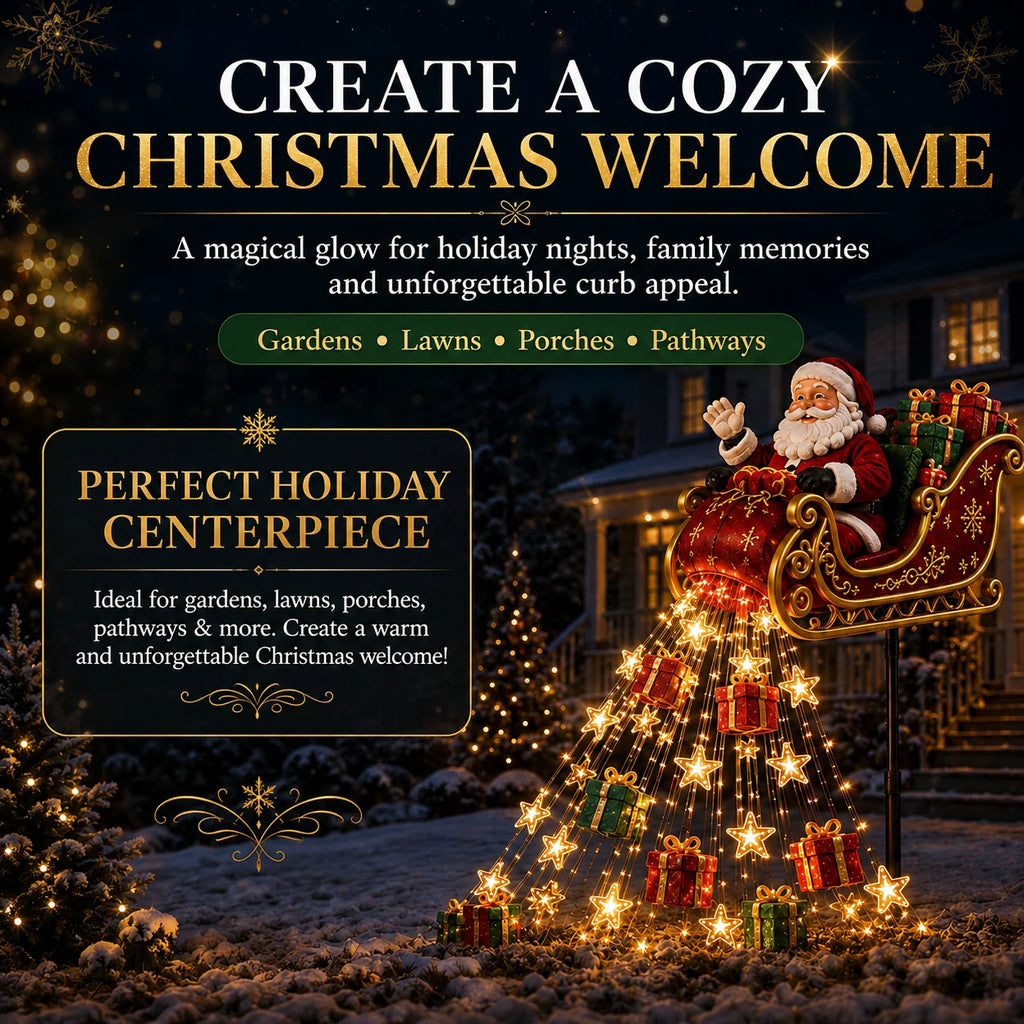 Solar Christmas Decoration | Flying Santa Sleigh Design | Warm Golden Lights