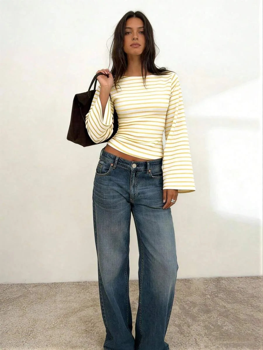 Women's T-Shirt | Striped Rib-Knit | Boat Neck & Cropped Long Sleeve