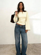 Women's T-Shirt | Striped Rib-Knit | Boat Neck & Cropped Long Sleeve