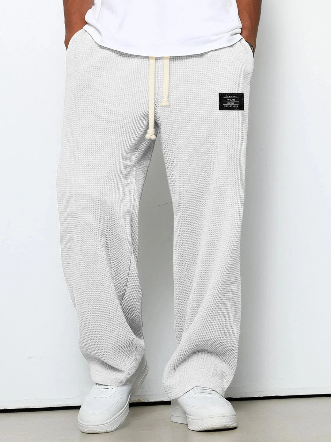 Men's Pants | Waffle-Knit Wide-Leg | Elastic Drawstring Waist