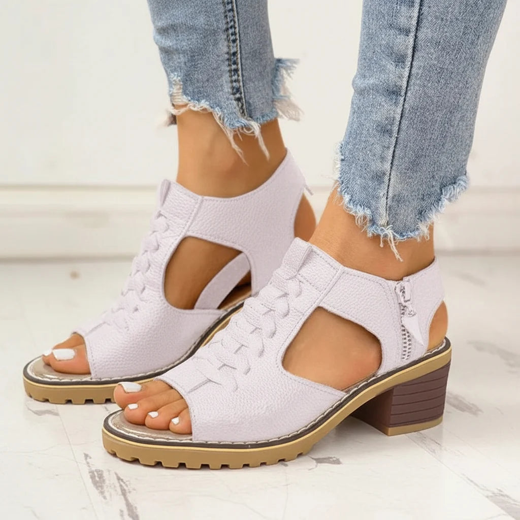 Chunky Heeled Sandals | Peep Toe & Side Zipper