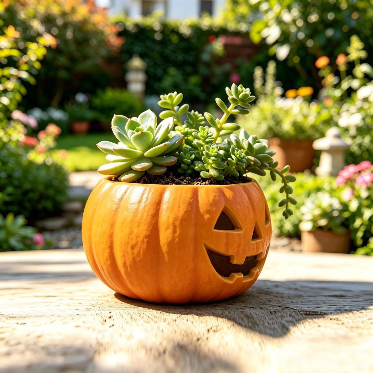 Ceramic Planter | Glossy Glaze Pumpkin Face | Integrated Plant Insert