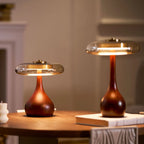 Table Lamp | Walnut-Tone Wood & Amber Glass | Warm LED Light