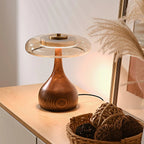 Table Lamp | Walnut-Tone Wood & Amber Glass | Warm LED Light