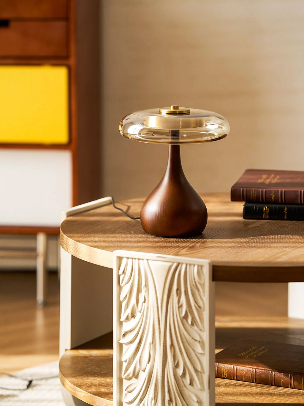 Table Lamp | Walnut-Tone Wood & Amber Glass | Warm LED Light