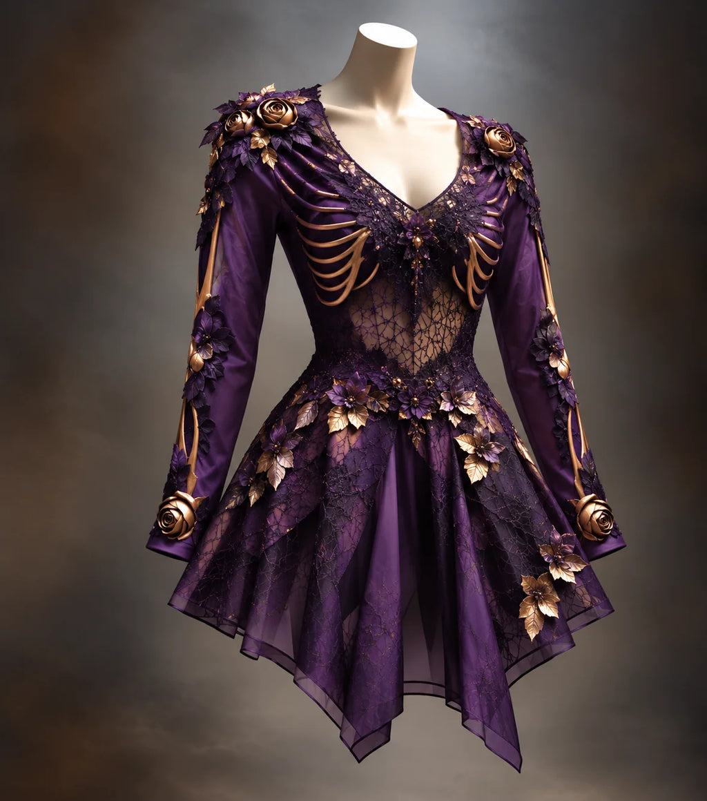 Gothic Mini Dress | Long Sleeve V-Neck | Bone & Floral Appliqués