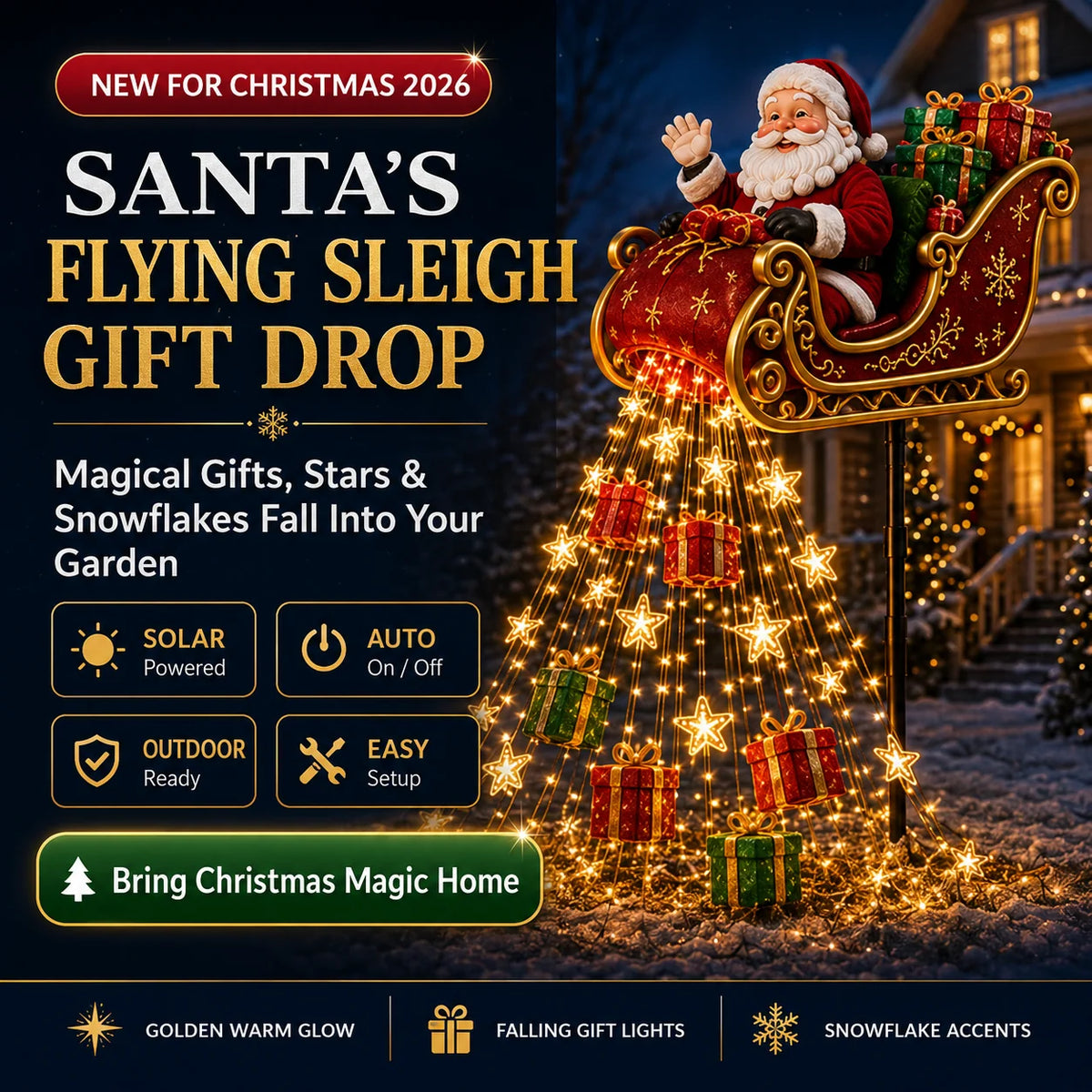 Solar Christmas Decoration | Flying Santa Sleigh Design | Warm Golden Lights