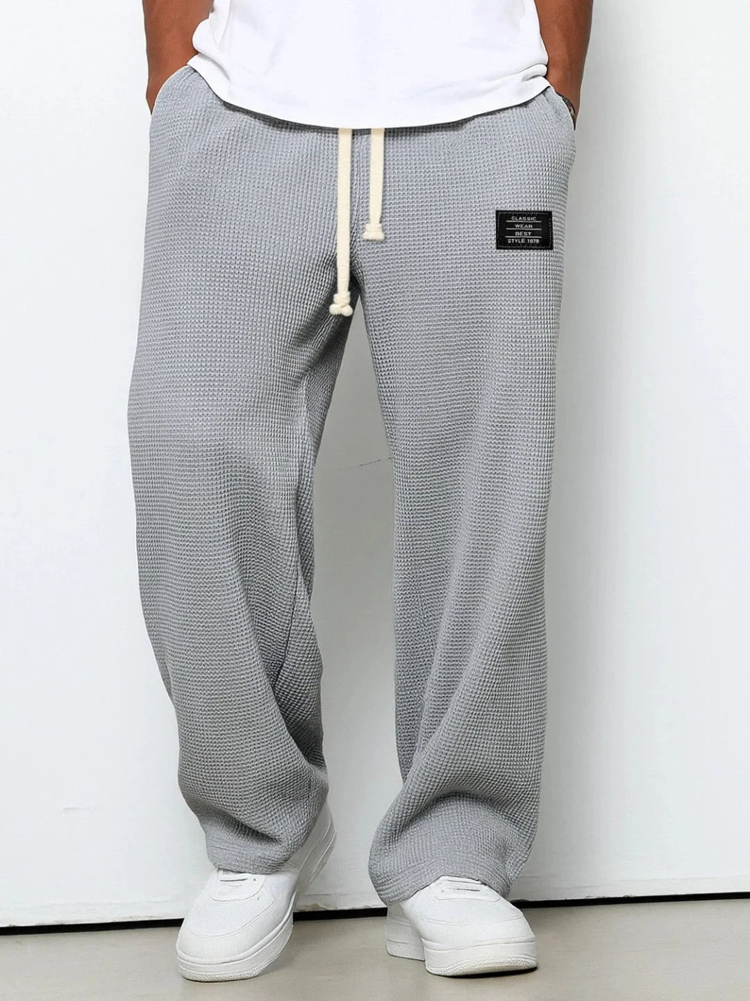 Men's Pants | Waffle-Knit Wide-Leg | Elastic Drawstring Waist