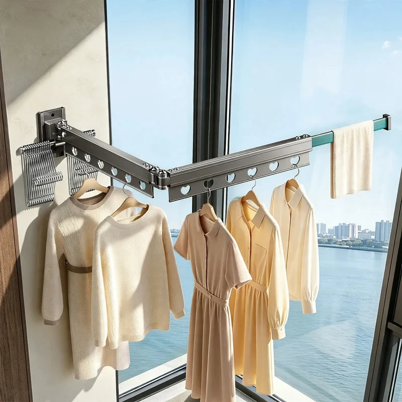 Clothes Drying Rod | Wall-Mounted Retractable Aluminum | Space-Saving