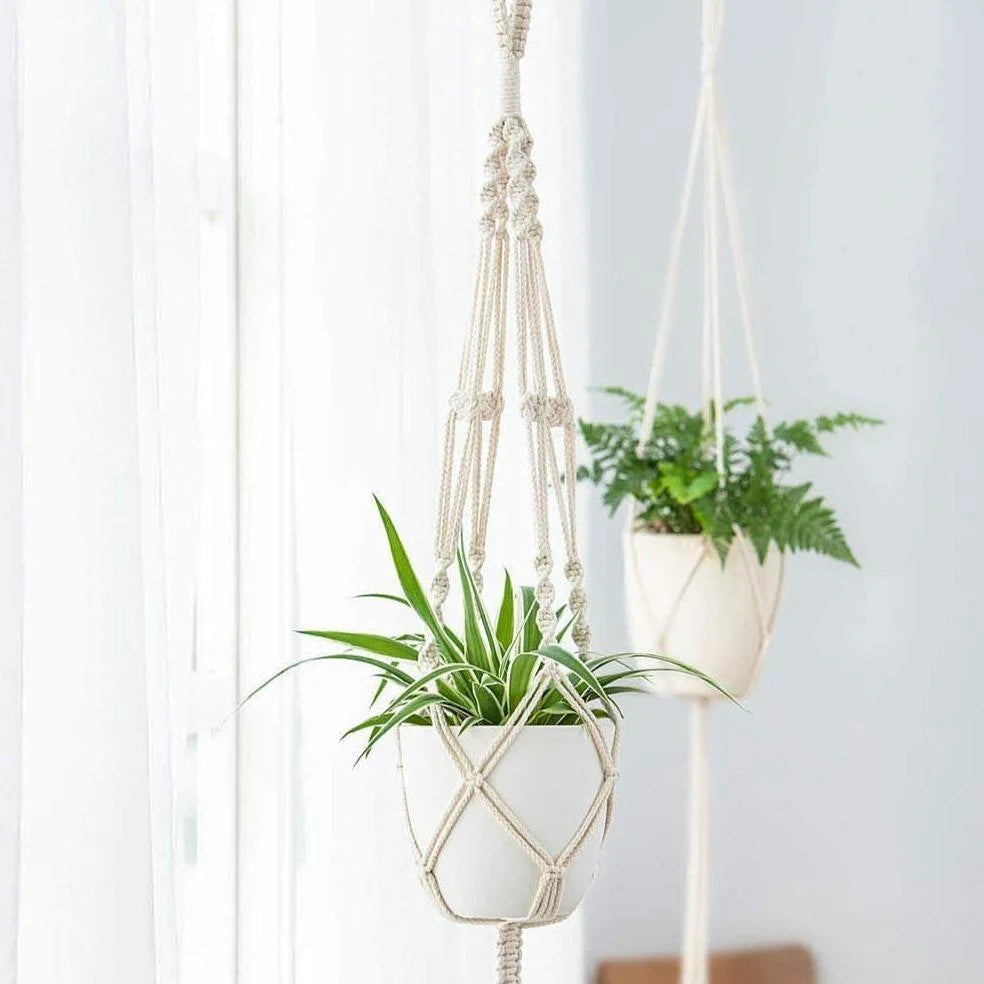 Macrame Plant Hangers | Handmade Cotton Cord & Beads | Set of 4