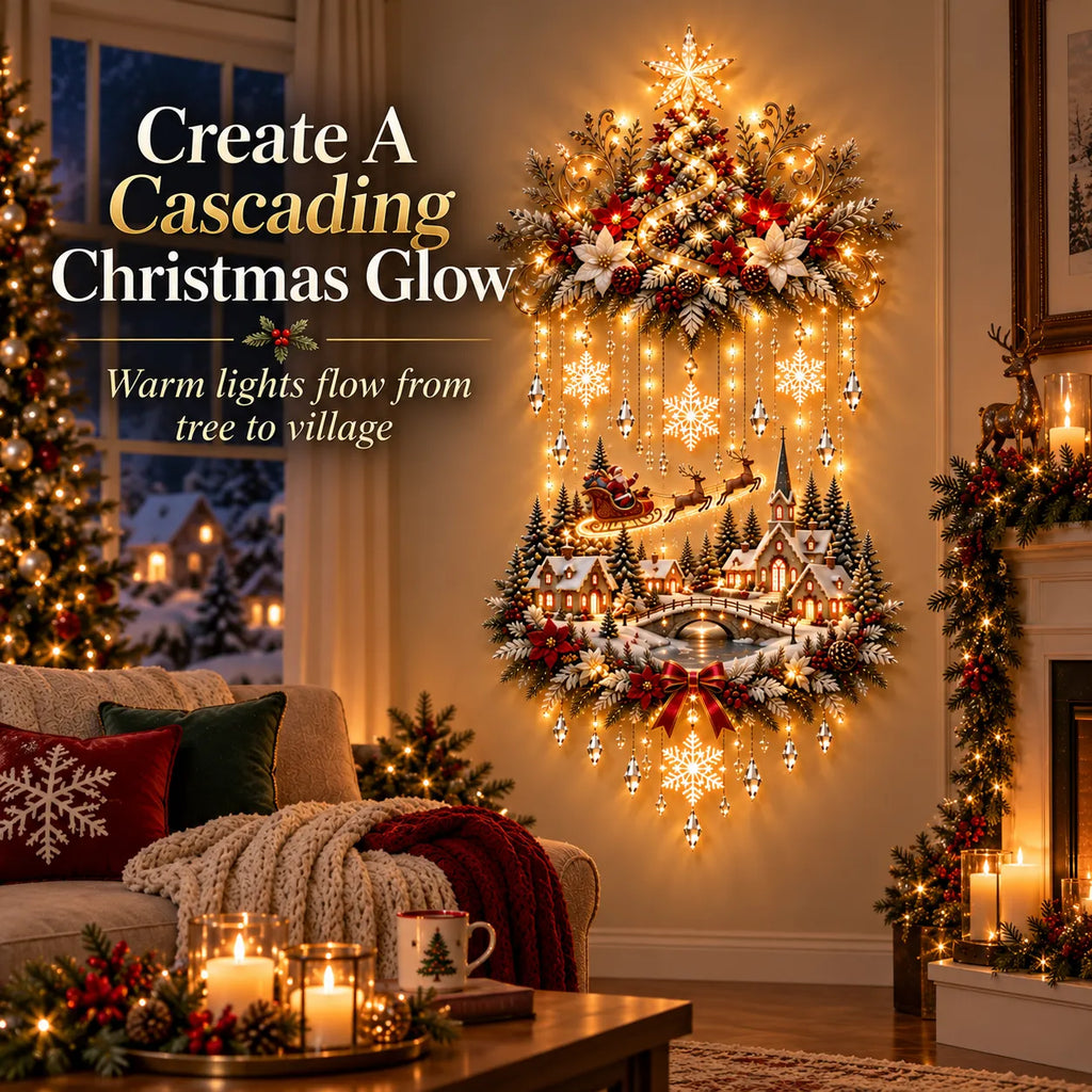 Christmas Tree Wall Hanging | Warm White LED Lights & Winter Village | 90 cm