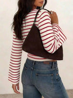 Women's T-Shirt | Striped Rib-Knit | Boat Neck & Cropped Long Sleeve