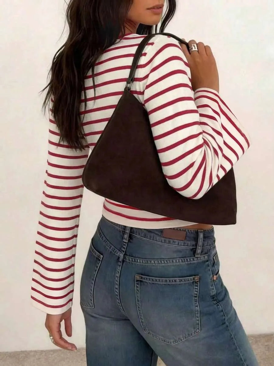 Women's T-Shirt | Striped Rib-Knit | Boat Neck & Cropped Long Sleeve