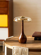 Table Lamp | Walnut-Tone Wood & Amber Glass | Warm LED Light