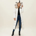 Puffer Coat | Long Quilted Faux Fur Hood | Belted Waist