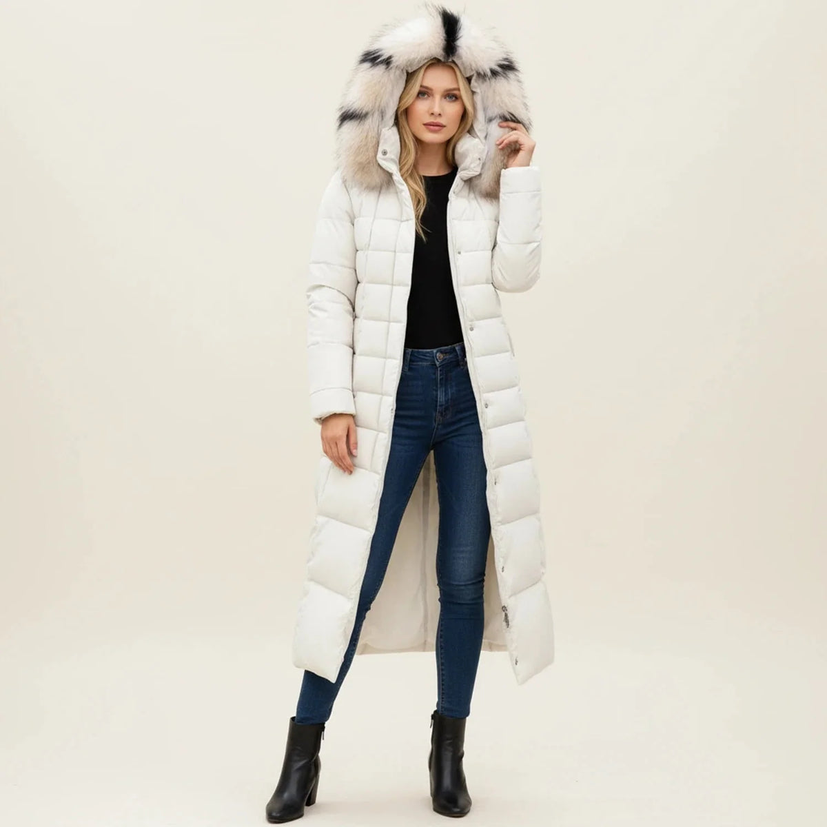 Puffer Coat | Long Quilted Faux Fur Hood | Belted Waist