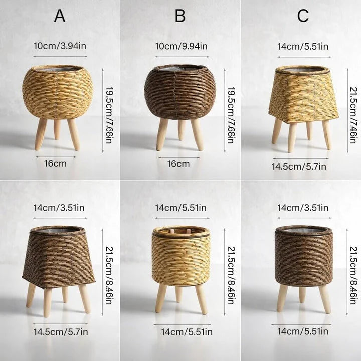 Plant Pot With Feet | Woven Basket & Wooden Feet | With Inner Insert