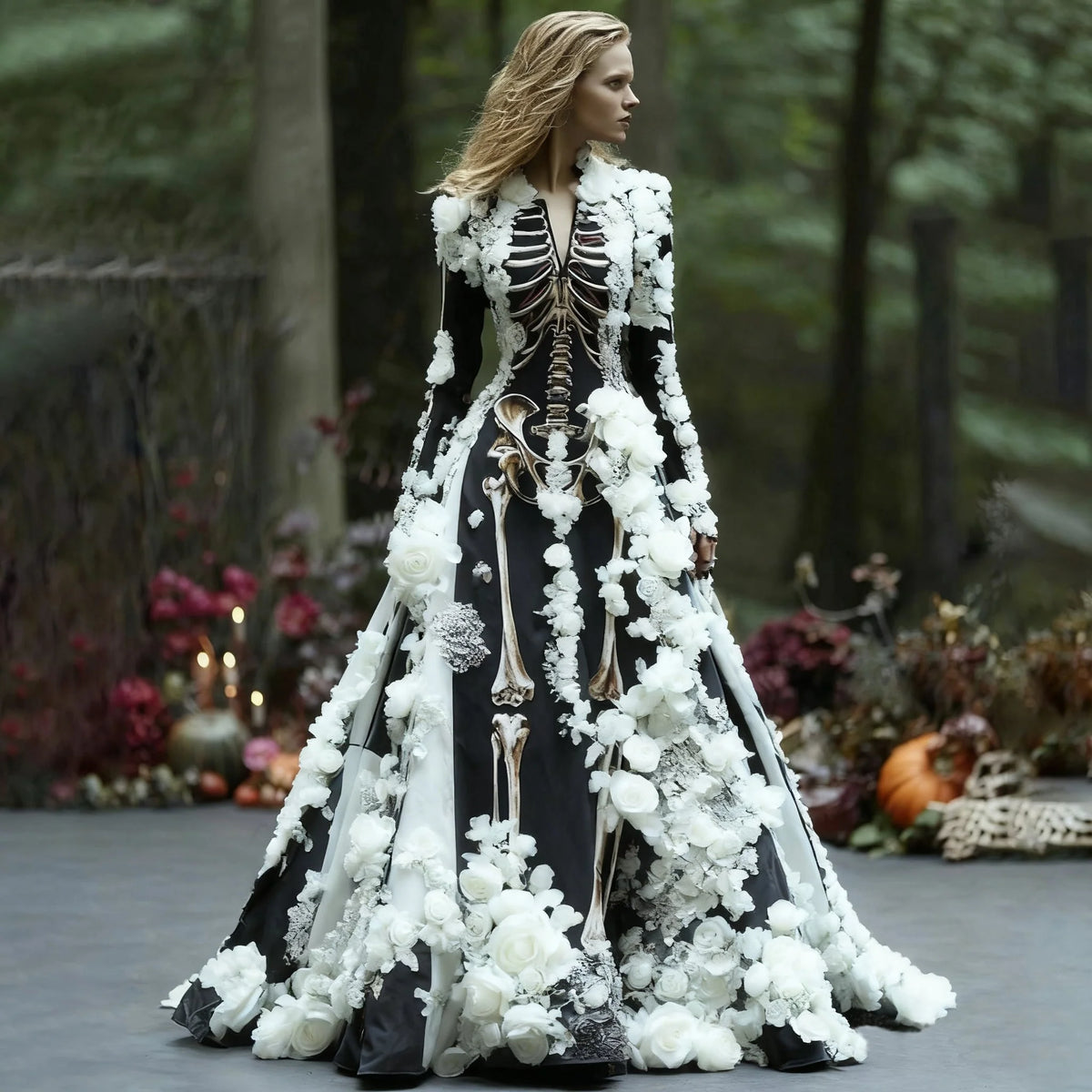 Maxi Dress | Skeleton Floral Print & Long Sleeve