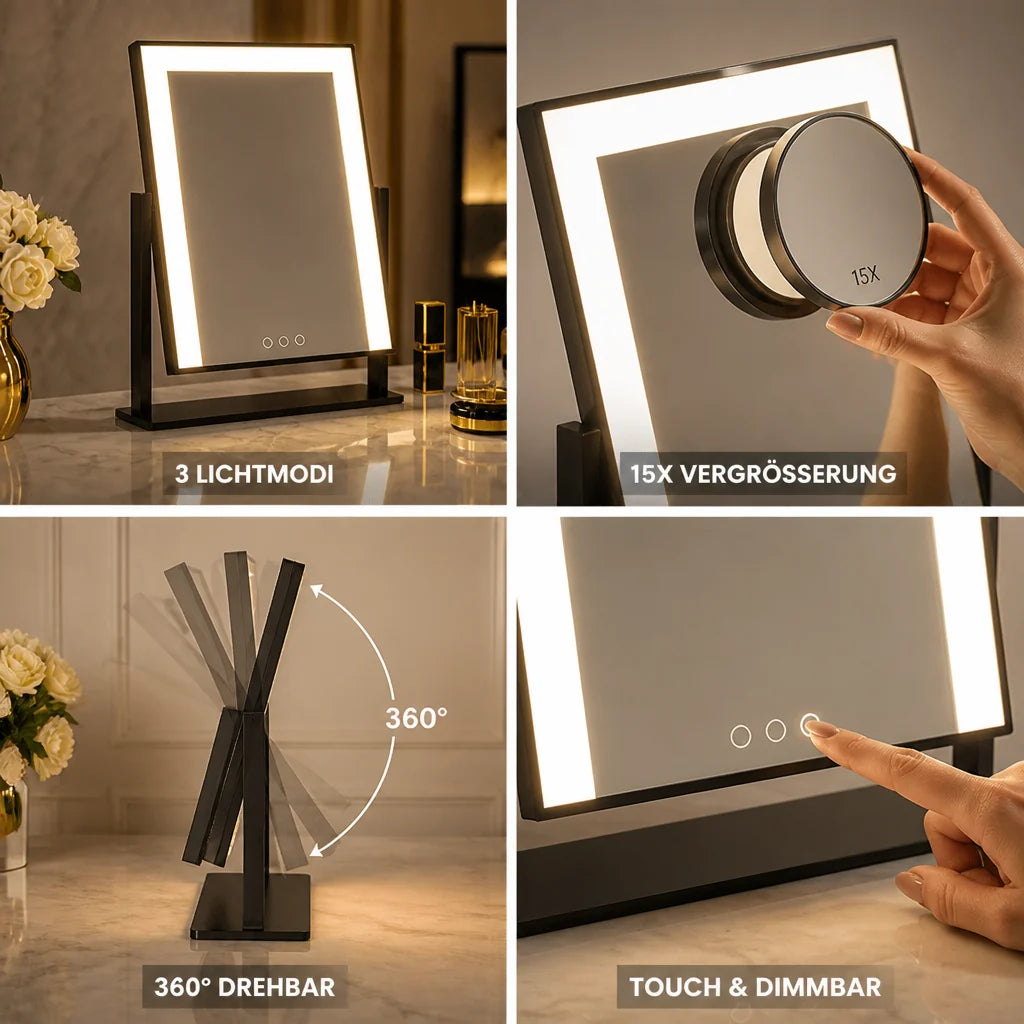 Makeup Mirror | Touch-Control LED Lighting | Removable 15× Magnifier