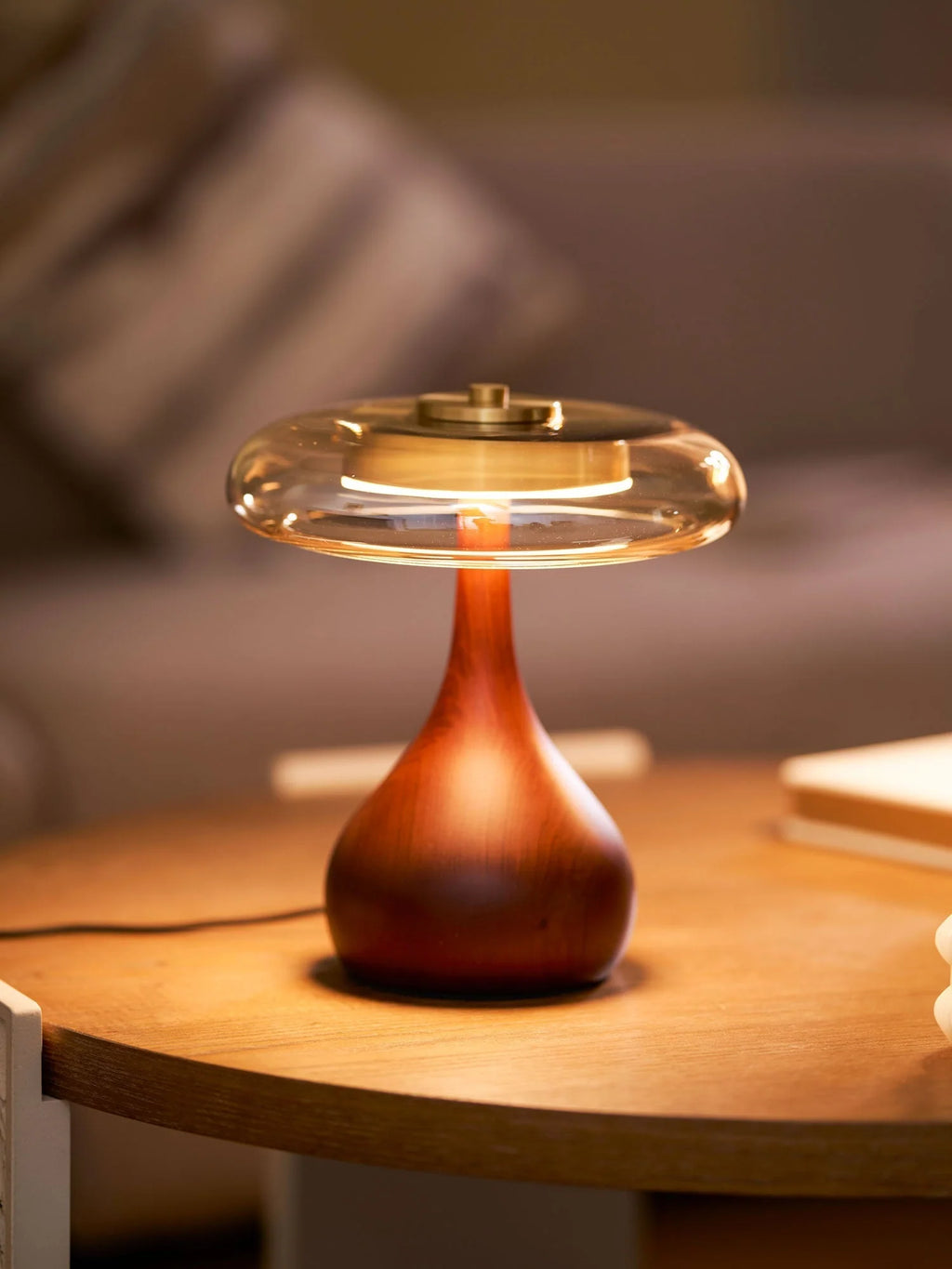 Table Lamp | Walnut-Tone Wood & Amber Glass | Warm LED Light