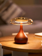 Table Lamp | Walnut-Tone Wood & Amber Glass | Warm LED Light