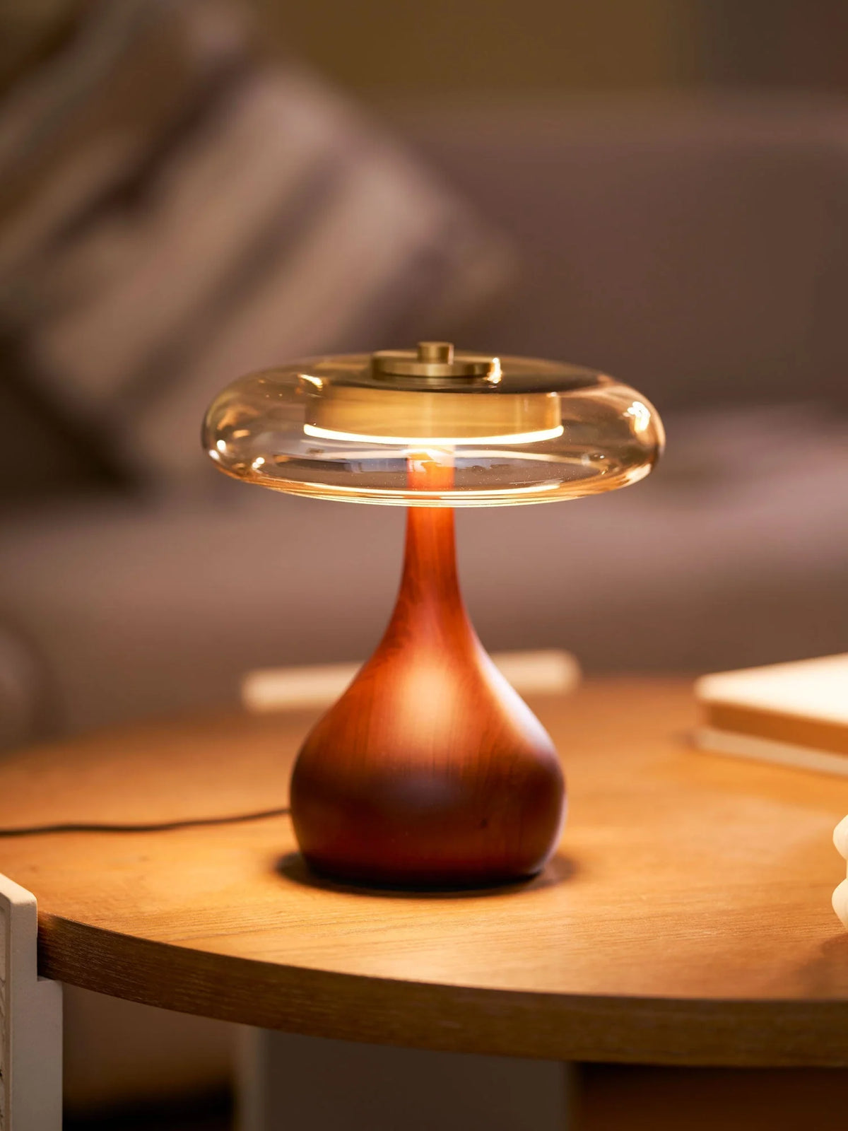 Table Lamp | Walnut-Tone Wood & Amber Glass | Warm LED Light