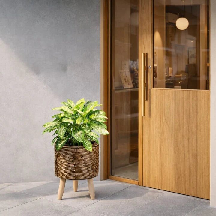 Plant Pot With Feet | Woven Basket & Wooden Feet | With Inner Insert