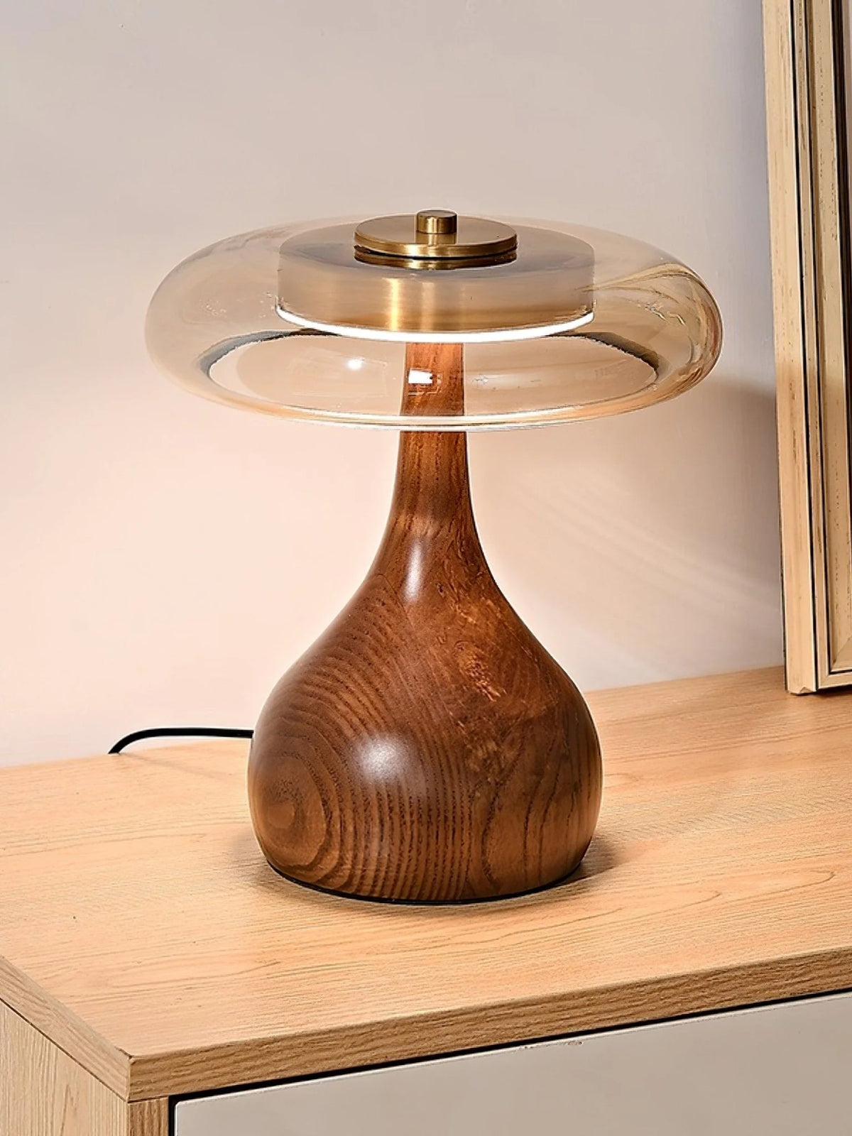 Table Lamp | Walnut-Tone Wood & Amber Glass | Warm LED Light