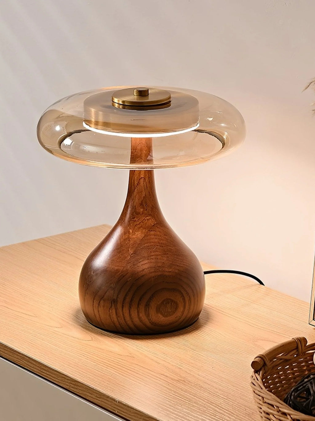 Table Lamp | Walnut-Tone Wood & Amber Glass | Warm LED Light