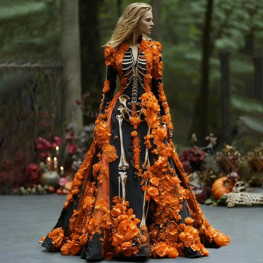 Maxi Dress | Skeleton Floral Print & Long Sleeve
