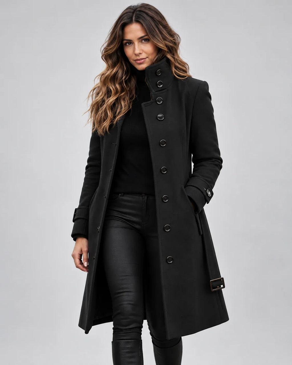 Coat | Brushed Wool Blend, High Collar & Button Front | Below-Knee Length