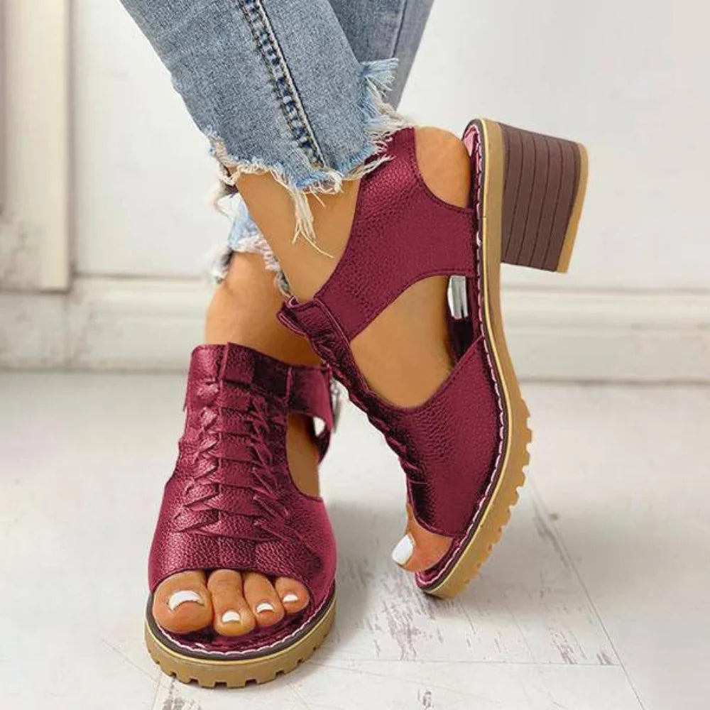 Chunky Heeled Sandals | Peep Toe & Side Zipper