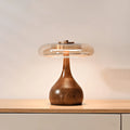 Table Lamp | Walnut-Tone Wood & Amber Glass | Warm LED Light