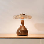 Table Lamp | Walnut-Tone Wood & Amber Glass | Warm LED Light