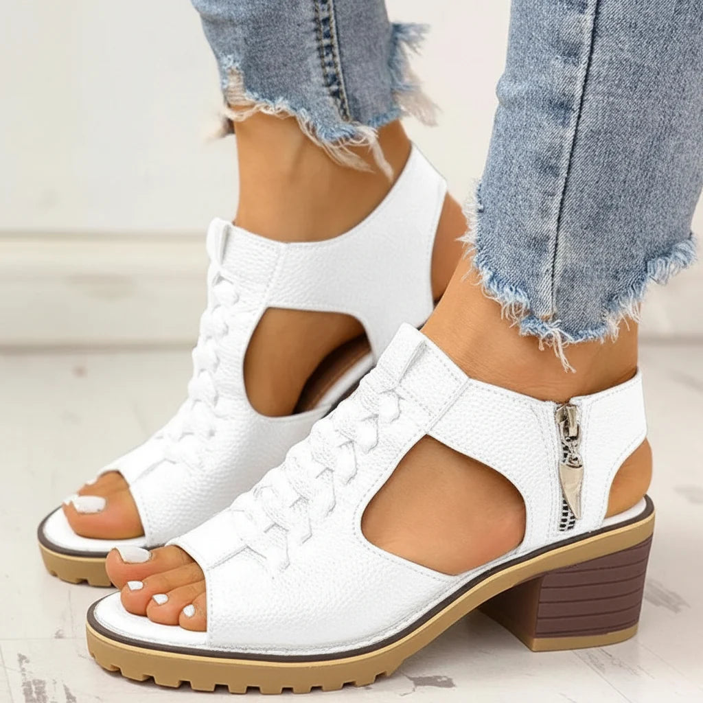 Chunky Heeled Sandals | Peep Toe & Side Zipper