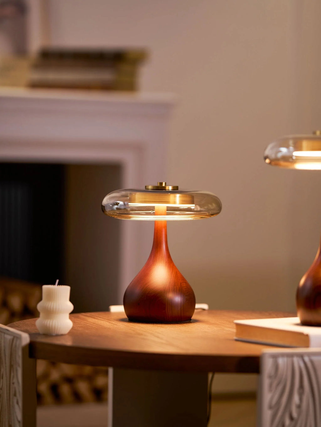 Table Lamp | Walnut-Tone Wood & Amber Glass | Warm LED Light