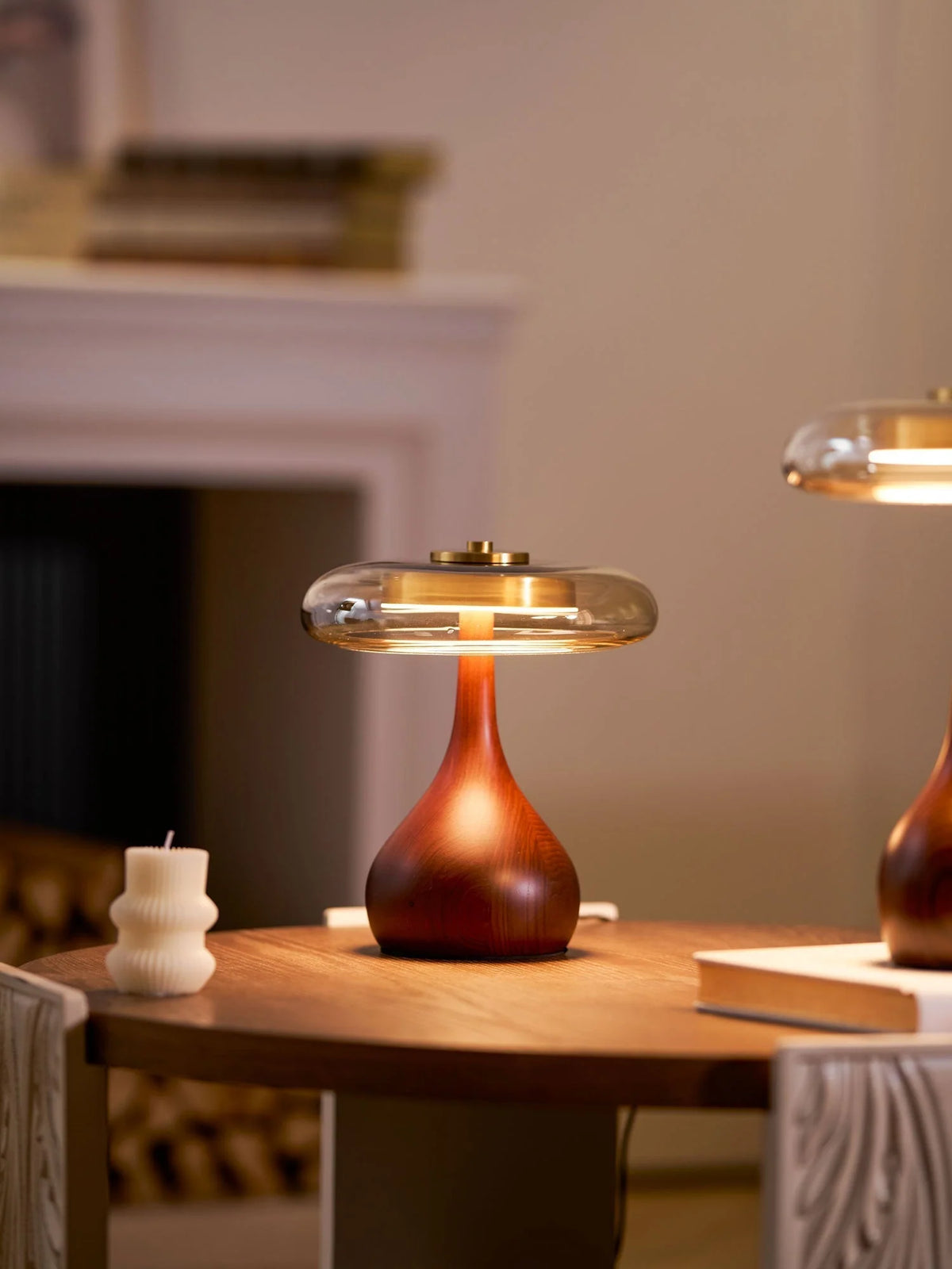Table Lamp | Walnut-Tone Wood & Amber Glass | Warm LED Light