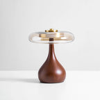 Table Lamp | Walnut-Tone Wood & Amber Glass | Warm LED Light