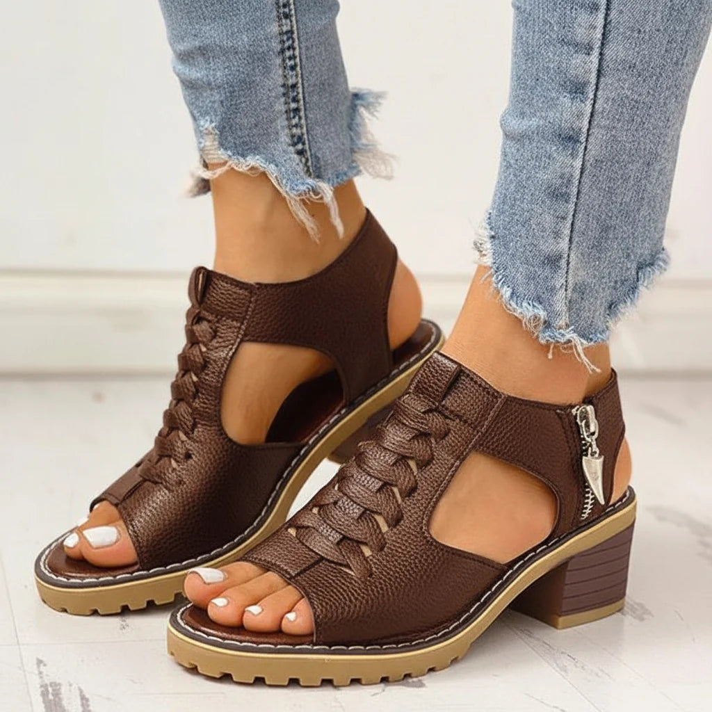 Chunky Heeled Sandals | Peep Toe & Side Zipper