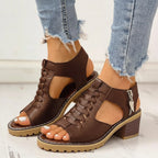 Chunky Heeled Sandals | Peep Toe & Side Zipper