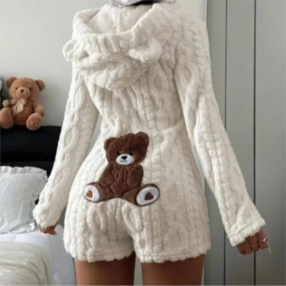 Fleece Romper | Plush Hood With Bear Ears | Front Zipper