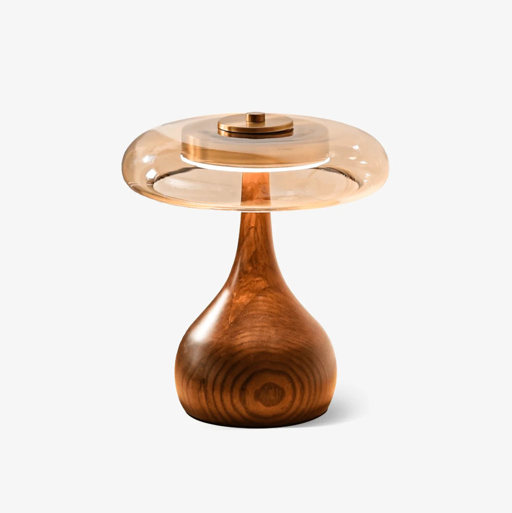 Table Lamp | Walnut-Tone Wood & Amber Glass | Warm LED Light