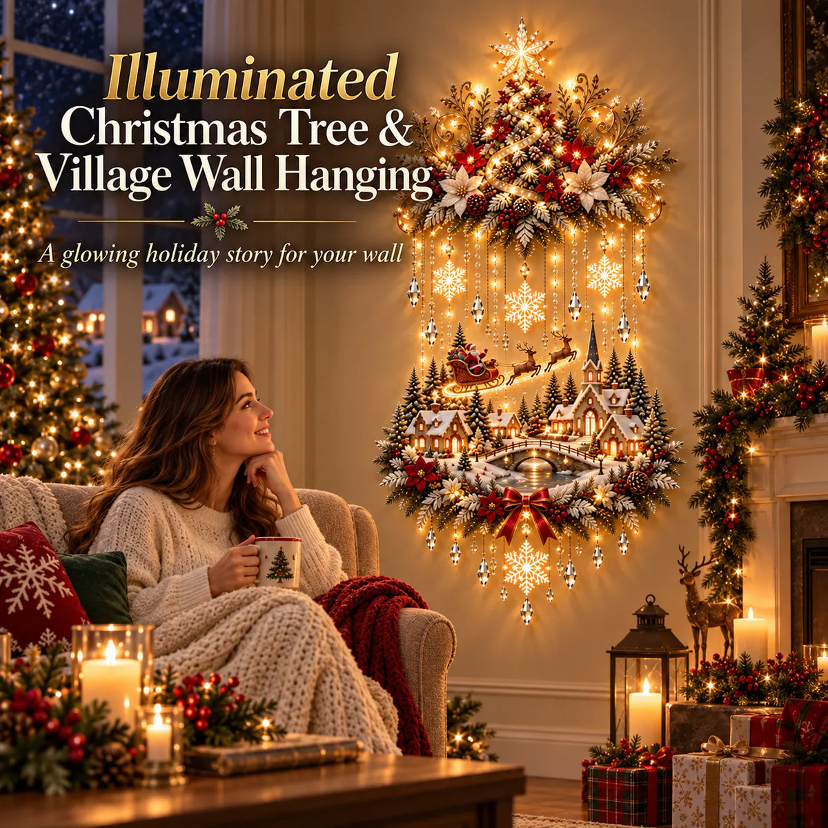 Christmas Tree Wall Hanging | Warm White LED Lights & Winter Village | 90 cm