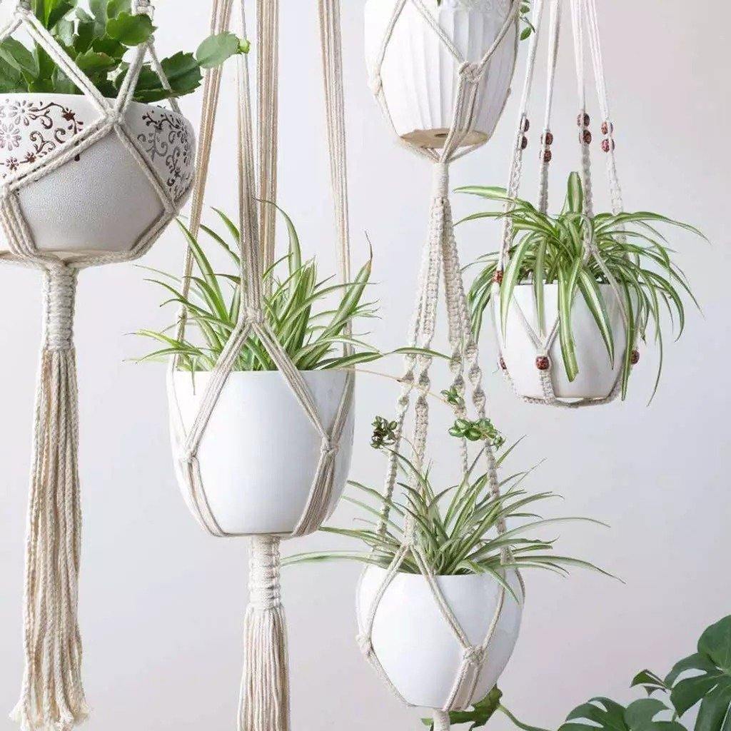 Macrame Plant Hangers | Handmade Cotton Cord & Beads | Set of 4